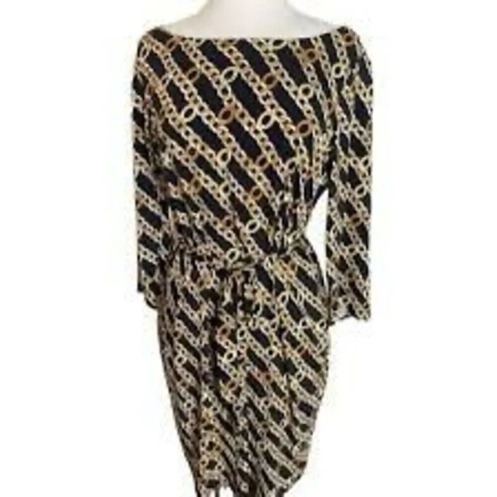 Calvin Klein Women’s Size 8 Tie Waist Gold Chain Dress Black Zip Up Knee Length